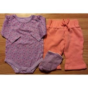 CUTE Girl's Size 0-3 M Months 3 Piece Purple L/S Heart Top, Peach Pants +